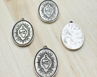 10 Antique Silver Oval Religious Charms: Christian DIY Jewelry Supplies