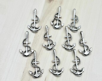 10 Antique Silver Anchor Charms: Nautical Jewelry Pendants