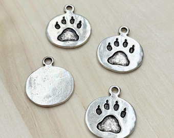 5 Antique Silver Paw Print Charms, Zinc Alloy Pet Jewelry,