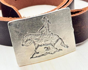 Rustic Horse Rider Belt Buckle: Antique Silver Finish (Fits 40mm Belt)