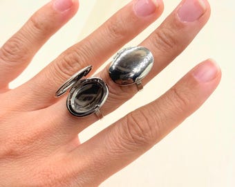 Oval Locket Ring: Rhodium Hidden Photo Keepsake - Adjustable