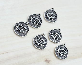 10 Antique Silver Evil Eye Charms: Boho Pendants (0.80 inch)