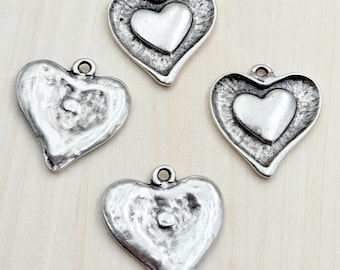 10 Antique Silver Heart Charms: Zinc Alloy Pendants (1.20 inch)