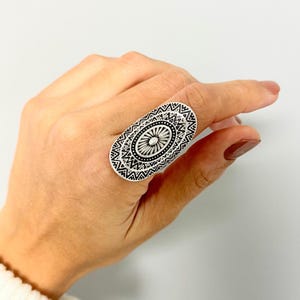 Adjustable Mandala Ring: Antique Silver Boho Jewelry