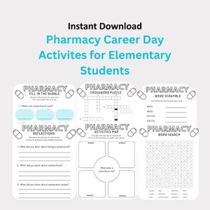 May include: Printable pharmacy career day activities for elementary students. Includes fill-in-the-bubble, crossword puzzle, word scramble, reflections, activities map, and word search worksheets. Features the words "Pharmacy Career Day Activities for Elementary Students."