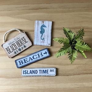 Miniature Beach House Signs Set of 4 + Miniature Coastal Sign + 1:12 Scale