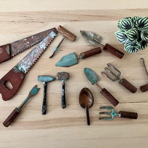 May include: A collection of miniature gardening tools, including saws, trowels, and forks, with wooden handles and aged metal blades. A small, green plant with striped leaves is also present, all arranged on a light wood surface.