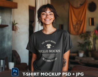 Maqueta de camiseta gris oscura realista Maqueta de camiseta color pimienta PSD estilo boho Maqueta de camiseta PSD para Photoshop Maqueta de modelo de camiseta marrón Maqueta de camiseta PSD Objeto inteligente