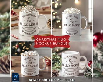 Conjunto de maquetas de tazas navideñas, conjunto de 4 maquetas de tazas PSD, maqueta de taza de 11 oz, maqueta de taza navideña, maqueta de taza de café PSD, plantilla de taza de 11 oz