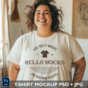 May include: A white t-shirt mockup with a brown logo that says "HIGH-QUALITY MOCKUPS EST 2024 HELLO MOCKS FOR DISCERNING CREATIVES".