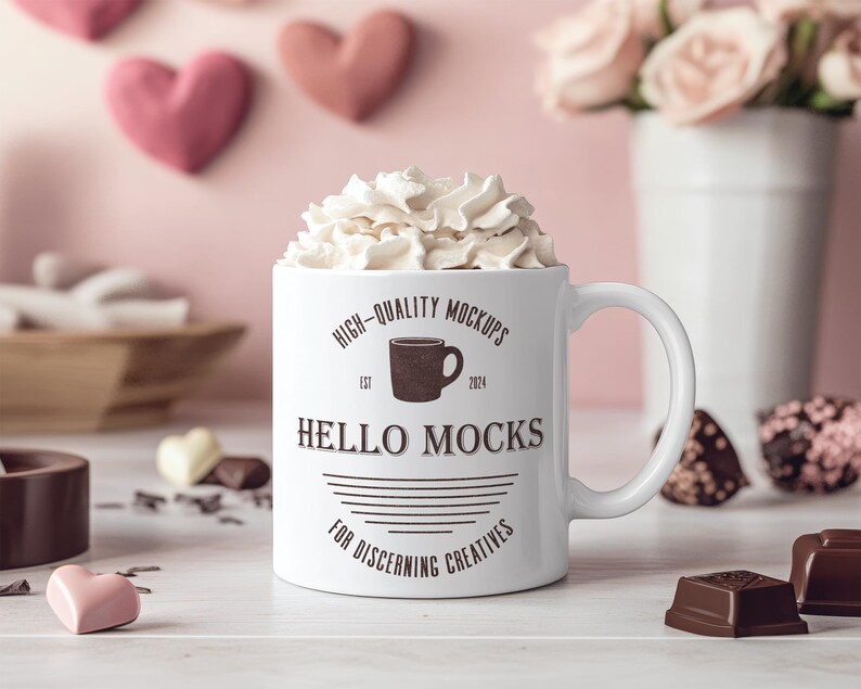 K&ouml;nnte beinhalten: Eine wei&szlig;e Keramiktasse mit einem schwarz-wei&szlig;en Design, auf dem "High-Quality Mockups Est. 2014 Hello Mocks For Discerning Creatives" steht. Die Tasse ist mit Schlagsahne gef&uuml;llt und steht auf einer wei&szlig;en Oberfl&auml;che.