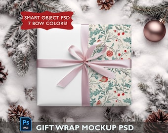 Maqueta de papel de regalo navideño / Maqueta de objeto inteligente de Photoshop PSD / Maqueta de papel de regalo navideño / Maqueta de invierno / Maqueta inteligente de Navidad