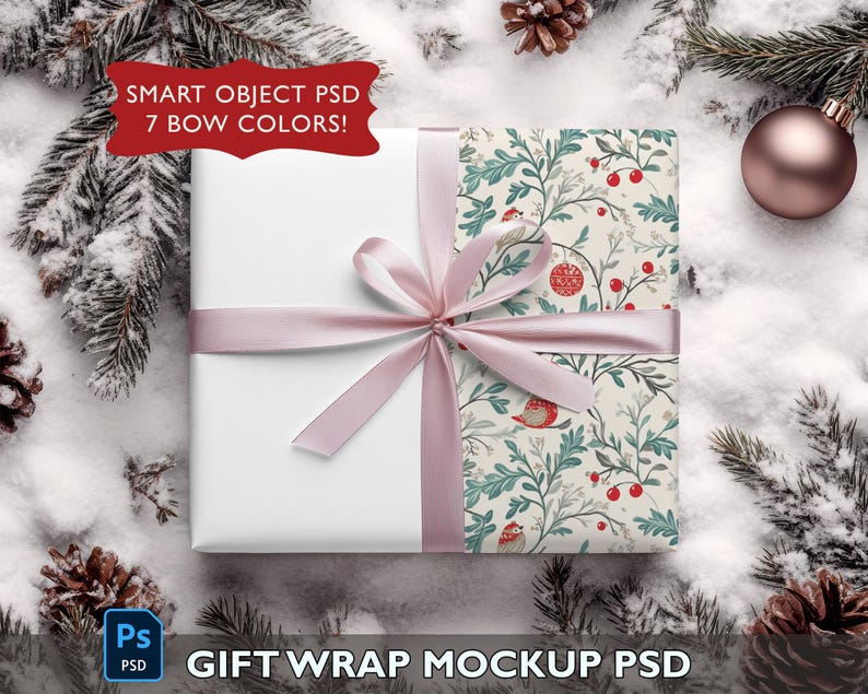 May include: A white gift box with a pink bow and a floral patterned wrapping paper. The box is sitting on a snowy surface with pine branches and pine cones. The text "SMART OBJECT PSD 7 BOW COLORS!" is written in red on a white background. The text "GIFT WRAP MOCKUP PSD" is written in black on a white background.