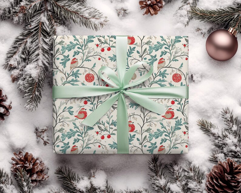 May include: A white gift box with a green ribbon and a floral pattern featuring birds and red berries. The box is surrounded by snow and pine branches.