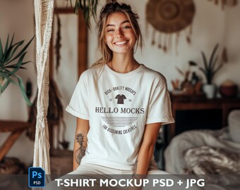 Maqueta de camiseta blanca PSD Maqueta bohemia Maqueta de camiseta color marfil realista Maqueta de camiseta PSD Maqueta de camiseta estética Objeto inteligente PSD
