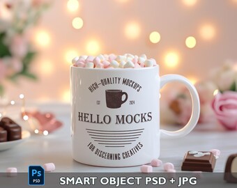 Maqueta de taza de San Valentín PSD Maqueta de taza AOP Maqueta de taza realista de 15 oz Objeto inteligente Maqueta de taza rosa PSD Maqueta de taza de café Plantilla de taza de 15 oz