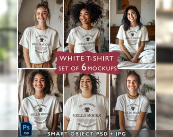 Conjunto de maquetas de camisetas blancas Conjunto de 6 maquetas de camisetas PSD Conjunto de maquetas de modelos realistas y diversos Maquetas de camisetas color marfil Objeto inteligente PSD