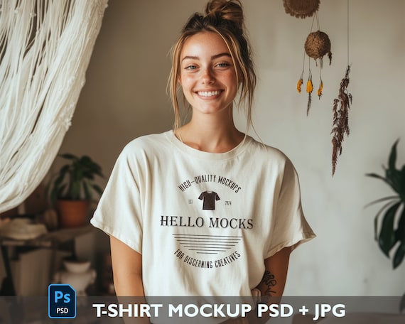 White Tshirt Mockup Realistic Ivory Color PSD Boho Mockup Photoshop PSD Tshirt Model Mockup Aesthetic T Shirt Mockup PSD Smart Object