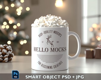 Maqueta de taza navideña PSD Objeto inteligente Maqueta de taza realista de 11 oz Maqueta de taza festiva PSD Maqueta de taza de café Plantilla de taza de 11 oz Maqueta de taza AOP