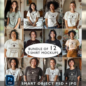 Op de afbeelding: Een bundel van 12 t-shirt mockups met verschillende modellen die verschillende gekleurde t-shirts dragen met de tekst "HELLO MOCKS" erop gedrukt. De mockups worden gepresenteerd in een collage-formaat, met verschillende poses en hoeken.