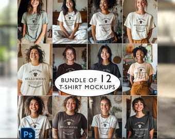 Conjunto de maquetas de camisetas, 12 maquetas de camisetas con objetos inteligentes PSD, modelos realistas diversos, conjunto de maquetas, colores + maquetas de camisetas blancas PSD