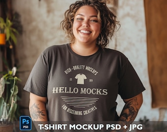 Maqueta de camiseta realista en color espresso en formato PSD Maqueta bohemia en Photoshop Maqueta de camiseta en formato PSD Maqueta de modelo de talla grande Maqueta de camiseta alucinante en formato PSD Objeto inteligente