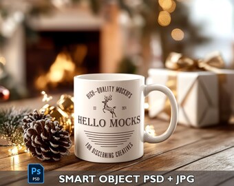 Maqueta de taza navideña Maqueta de taza PSD Maqueta de taza realista de 11 oz Objeto inteligente Maqueta de taza navideña Maqueta de taza de café PSD Plantilla de taza de 11 oz