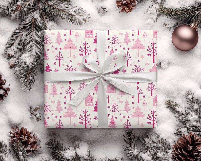May include: White gift wrap with a pink and white Christmas tree pattern. The wrapping paper is tied with a white satin ribbon.