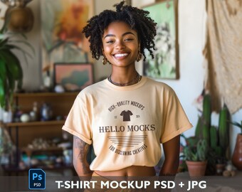 Maqueta de camiseta realista Maqueta de modelo negra Maqueta de color mostaza Maqueta de camiseta variada en formato PSD Maqueta de camiseta bohemia en formato PSD Objeto inteligente