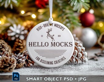 Maqueta de adorno navideño / Maqueta de objeto inteligente de Photoshop PSD / Maqueta de adorno de cerámica para fiestas navideñas / Maqueta inteligente / Maqueta de adorno redondo