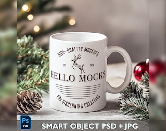 Maqueta de taza de Navidad Maqueta de taza PSD Maqueta de taza realista de 11 oz Objeto inteligente Maqueta de taza festiva Maqueta de taza PSD Maqueta de taza de café Plantilla de taza de 11 oz