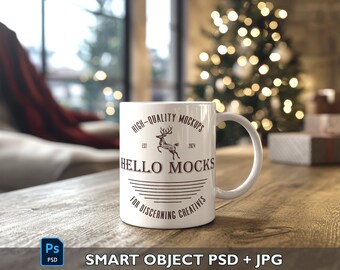 Maqueta de taza festiva Maqueta de taza PSD Maqueta de taza de objeto inteligente Maqueta de taza festiva de 11 oz Maqueta de taza navideña Maqueta de taza de café PSD Plantilla de taza de 11 oz