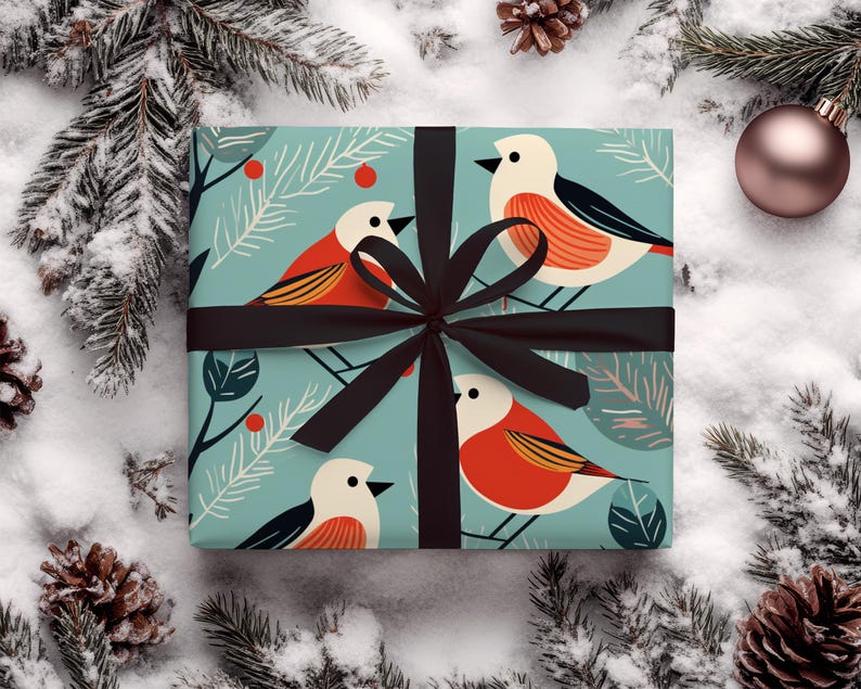 May include: A blue and green gift wrap with a black ribbon and a pattern of red and white birds on branches.