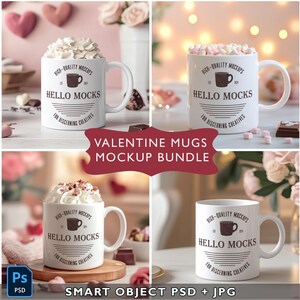 May include: A mockup bundle of white mugs with the text "Hello Mocks" and a coffee cup graphic. The mugs are filled with whipped cream and marshmallows. The image includes the text "Valentine Mugs Mockup Bundle".