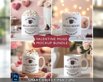 Juego de 4 maquetas de tazas de San Valentín, maquetas de tazas PSD, maqueta de taza de 11 oz de objeto inteligente, maqueta de taza de café PSD de San Valentín, maqueta de taza de 11 oz