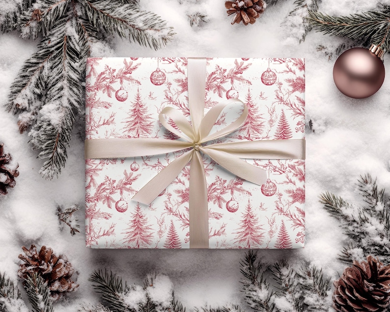 May include: A white gift box with a red and white floral pattern and a beige ribbon. The box is surrounded by pine branches and snow.