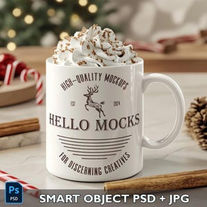 May include: White ceramic mug with a brown and white design. The mug has the text "HIGH-QUALITY MOCKUPS EST 2024 HELLO MOCKS FOR DISCERNING CREATIVES" printed on it. The mug is filled with whipped cream and is sitting on a white surface.