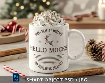 Maqueta de taza navideña PSD Maqueta de taza AOP Maqueta de taza realista de 11 oz Objeto inteligente Maqueta de taza festiva PSD Maqueta de taza de café Plantilla de taza de 11 oz