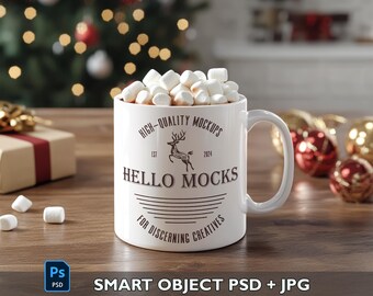 Maqueta de taza navideña PSD Maqueta de taza dulce Objeto inteligente Maqueta de taza realista de 11 oz Maqueta de taza festiva PSD Maqueta de taza de café Plantilla de taza de 11 oz