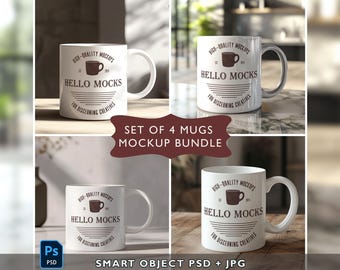 Conjunto de maquetas de tazas, 4 maquetas de objetos inteligentes PSD realistas, maqueta de taza de 11 oz, maqueta de taza neutra, maqueta de taza de café PSD moderna, plantilla de taza de 11 oz