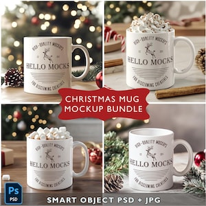 May include: Four white ceramic mugs with a Christmas-themed design featuring a reindeer and the text "HIGH-QUALITY MOCKUPS HELLO MOCKS FOR DISCERNING CREATIVES". The mugs are filled with marshmallows and whipped cream and are arranged on a wooden surface with a Christmas tree in the background.