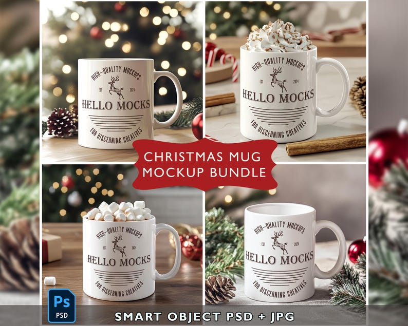May include: Four white ceramic mugs with a Christmas-themed design featuring a reindeer and the text "HIGH-QUALITY MOCKUPS HELLO MOCKS FOR DISCERNING CREATIVES". The mugs are filled with marshmallows and whipped cream and are arranged on a wooden surface with a Christmas tree in the background.