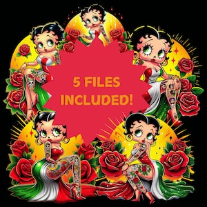 Betty Boop Arte de inspiración mexicana Joyas de oro Calaveras y rosas México PNG - Descarga instantánea