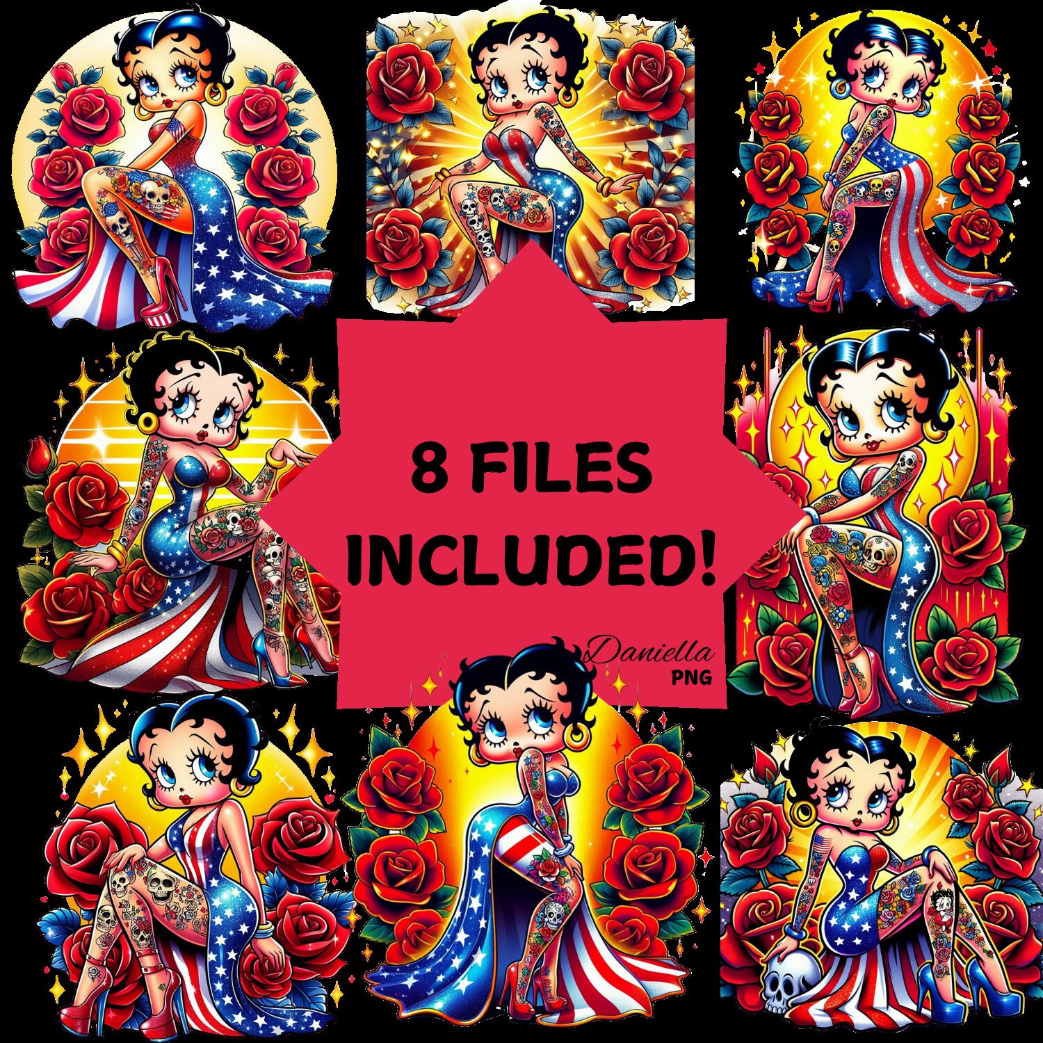 Betty Boop American Inspired Skull and Roses Tattoos Gold Jewelry