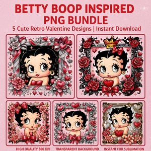Betty Boop PNG Bundle | Retro Cartoon Girl Clipart | Red Pink Black Valentine Sublimation | Hearts, Bows & Roses | Instant Download