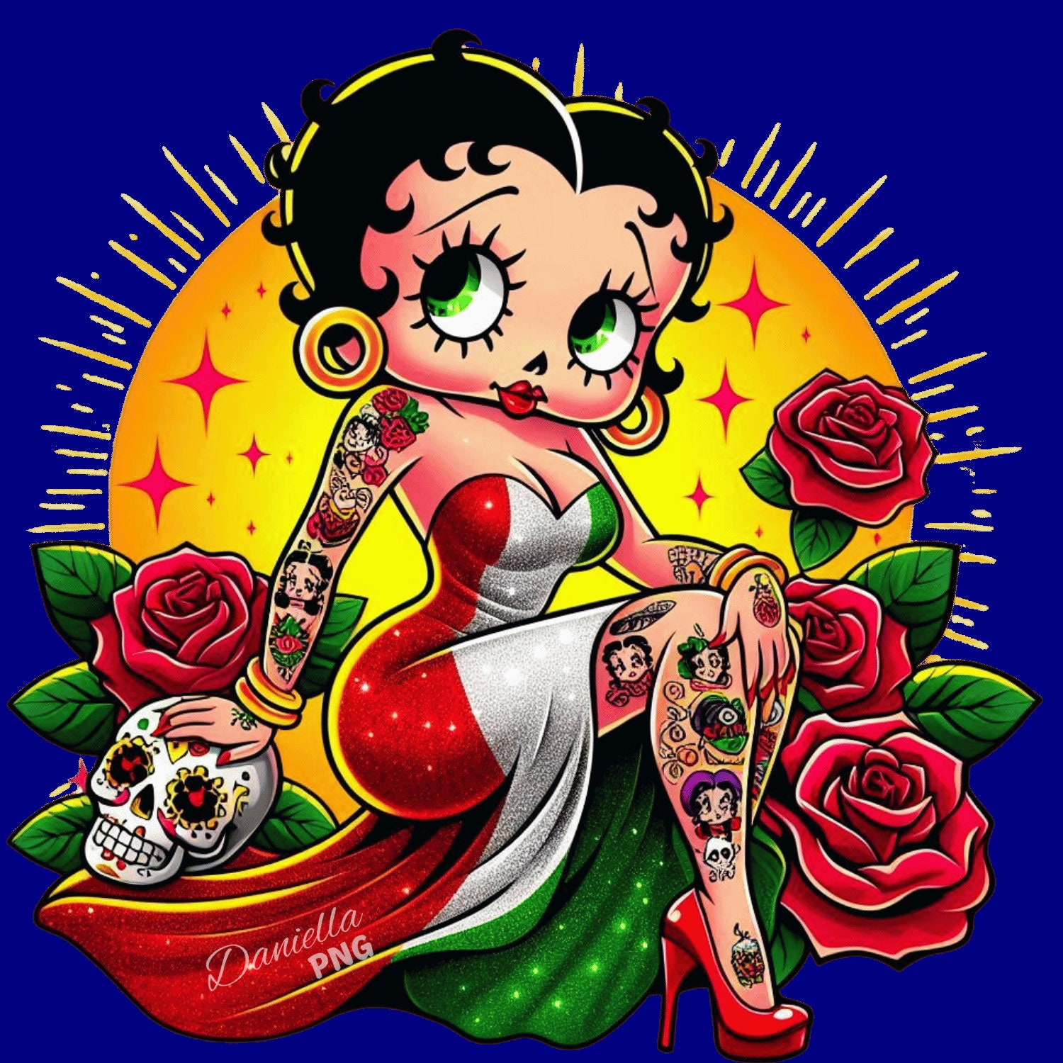 Betty Boop Mexican Inspired Art Gold Jewelry Skulls and Roses