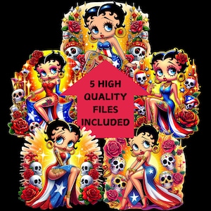 Arte de inspiración puertorriqueña de Betty Boop: joyas de oro, vestidos, tatuajes de calaveras y rosas, bandera de Puerto Rico PNG - Descarga instantánea
