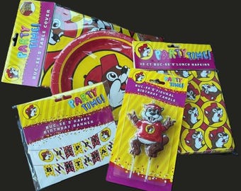 Buc-ee's Party Deluxe - Plates, Napkins, Table Cover, Candle & Banner
