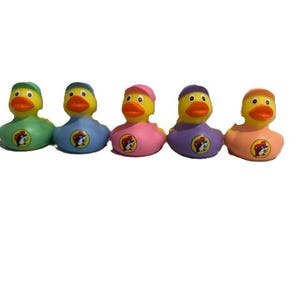 May include: Five rubber duck toys in various colors: green, blue, pink, purple, and orange. Each duck has a yellow head, orange beak, and a matching colored hat. Each duck has a logo on its chest.