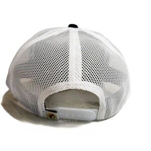 May include: White mesh-back baseball cap with a black button on top. The cap has a white adjustable snap closure. The back of the cap is made of a breathable mesh material.